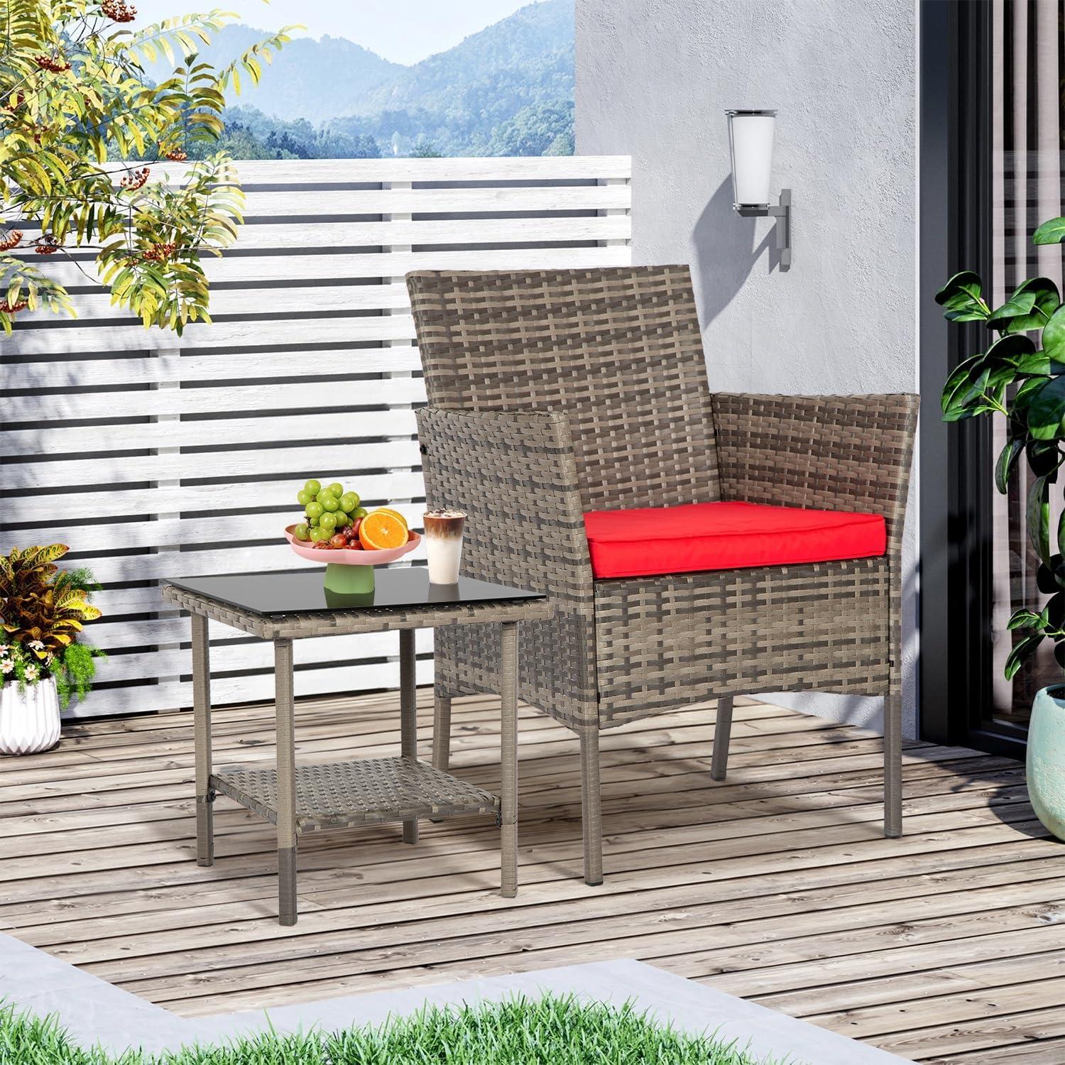image:imageFDW Wicker Outdoor Furniture Patio Furniture Set of 3 Rattan Patio Chairs Outdoor Chairs Patio Conversation Set with Coffee Table for Yard Backyard Lawn Porch Poolside BalconyBlackGray and Red