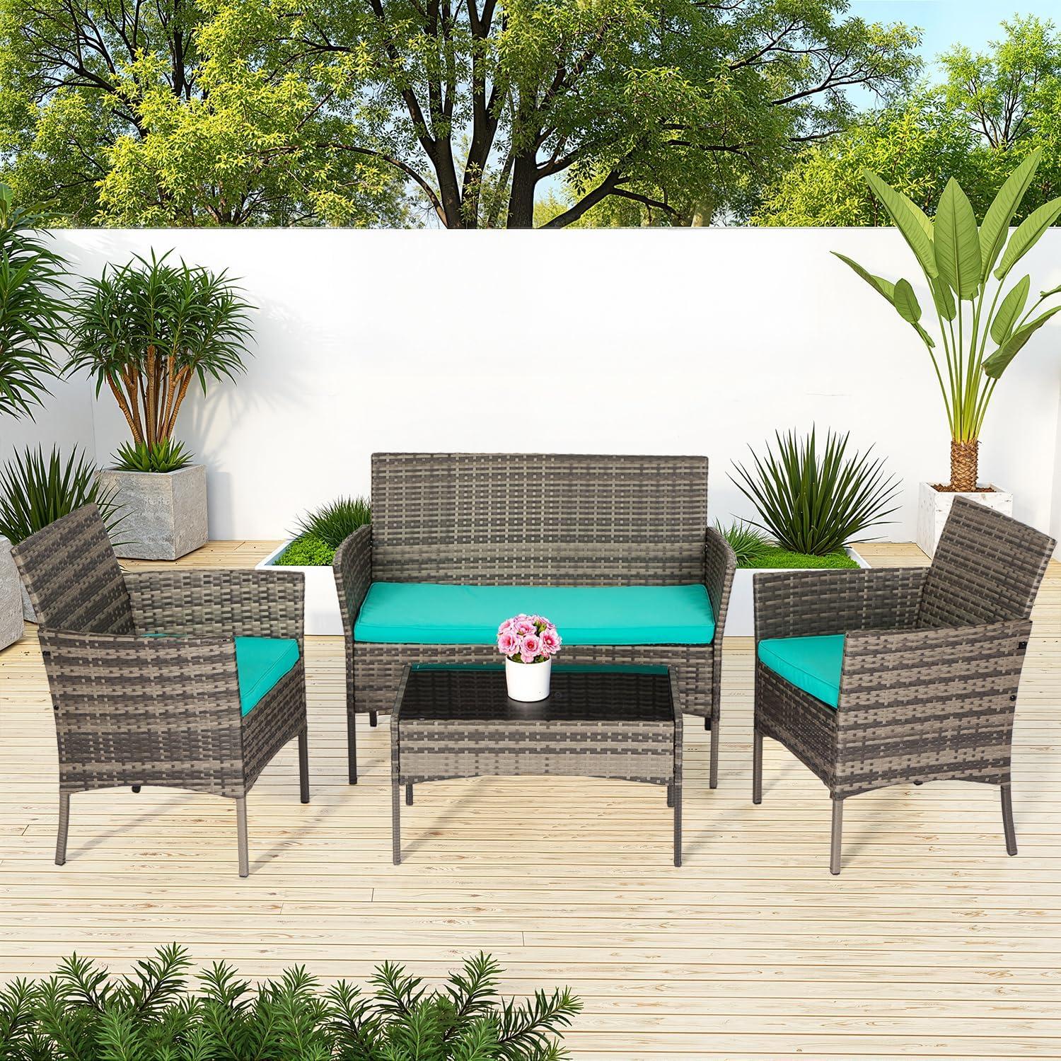 image:imageFDW Wicker Outdoor Furniture Patio Furniture Set of 3 Rattan Patio Chairs Outdoor Chairs Patio Conversation Set with Coffee Table for Yard Backyard Lawn Porch Poolside BalconyBlackGray and Blue