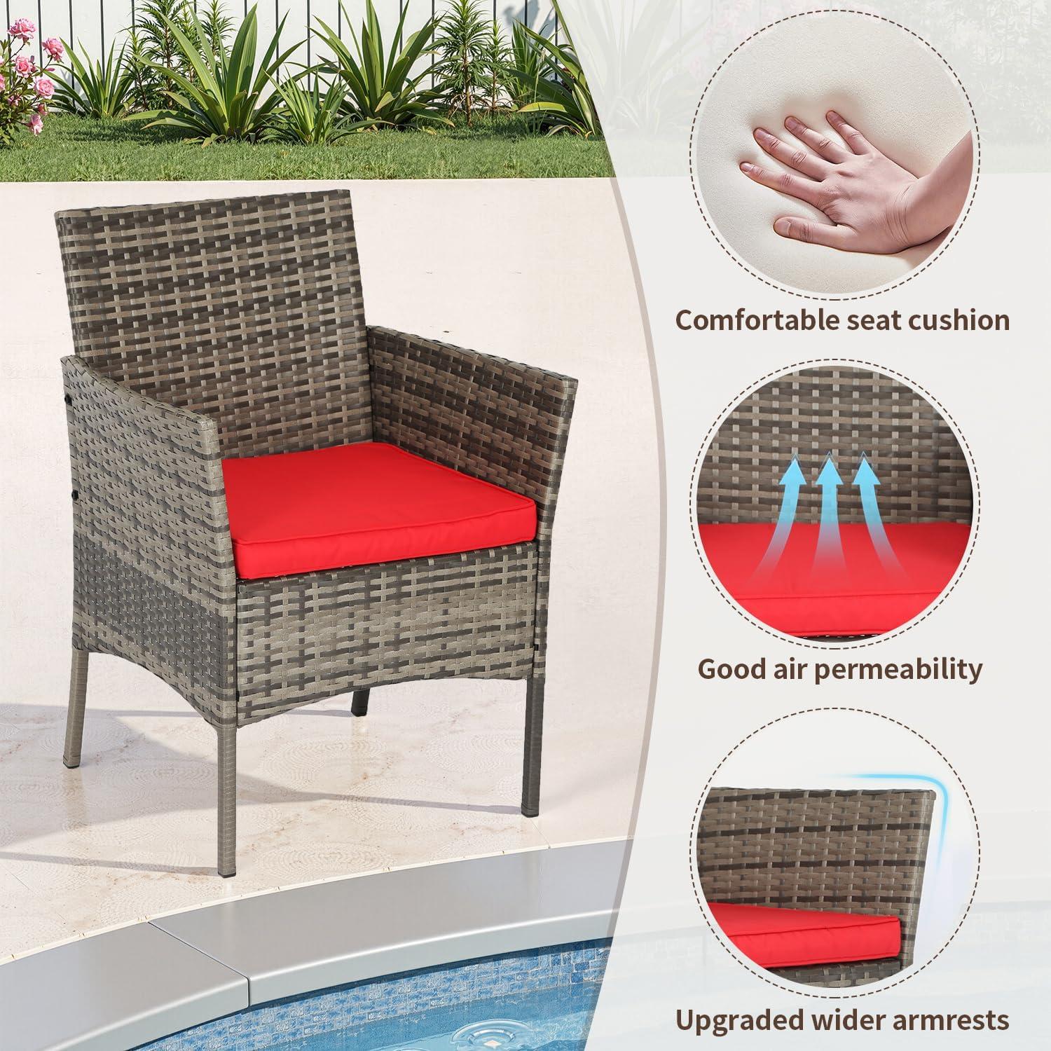 image:imageFDW Wicker Outdoor Furniture Patio Furniture Set of 3 Rattan Patio Chairs Outdoor Chairs Patio Conversation Set with Coffee Table for Yard Backyard Lawn Porch Poolside BalconyBlackGray and Red
