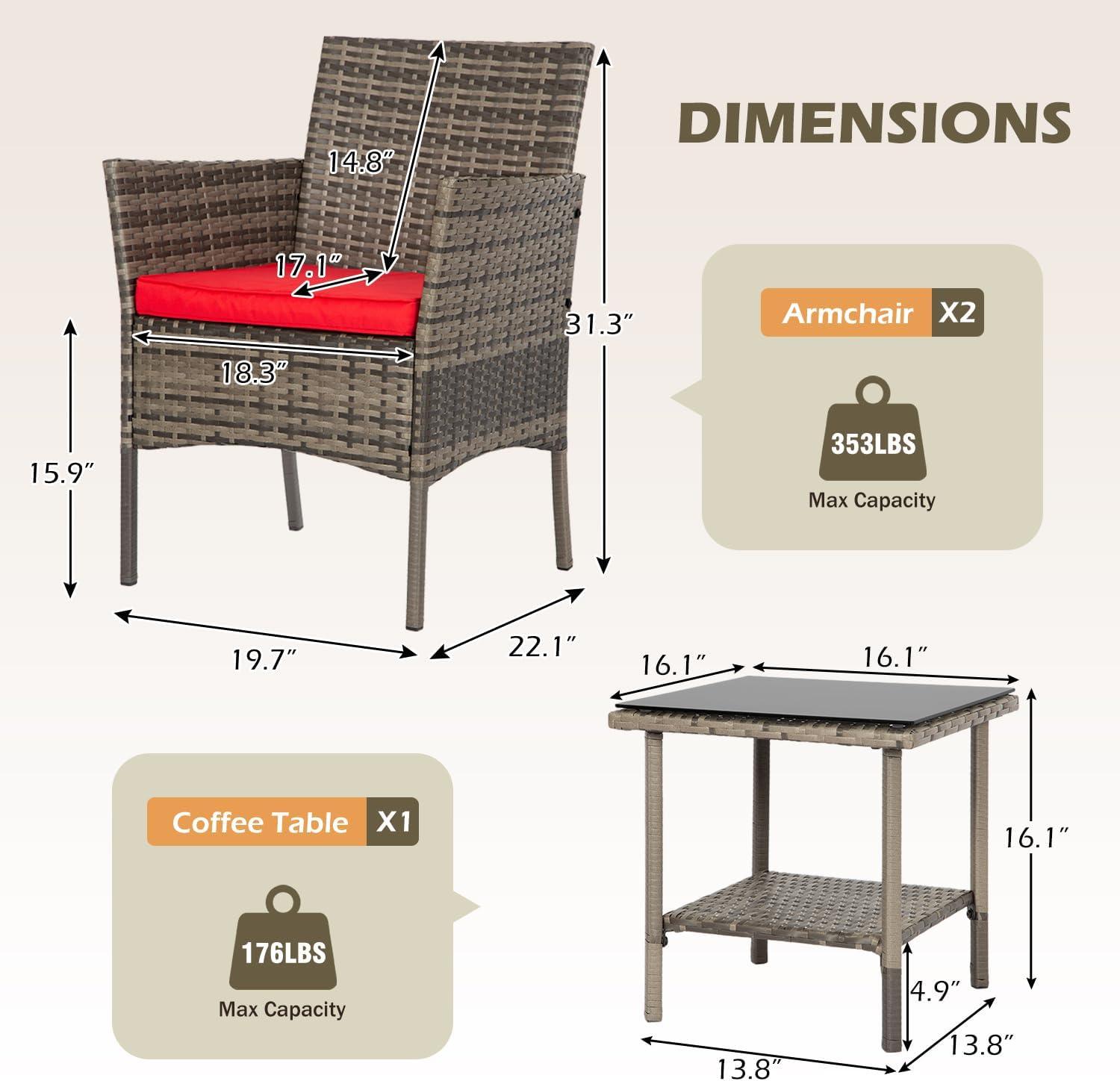 image:imageFDW Wicker Outdoor Furniture Patio Furniture Set of 3 Rattan Patio Chairs Outdoor Chairs Patio Conversation Set with Coffee Table for Yard Backyard Lawn Porch Poolside BalconyBlackGray and Red