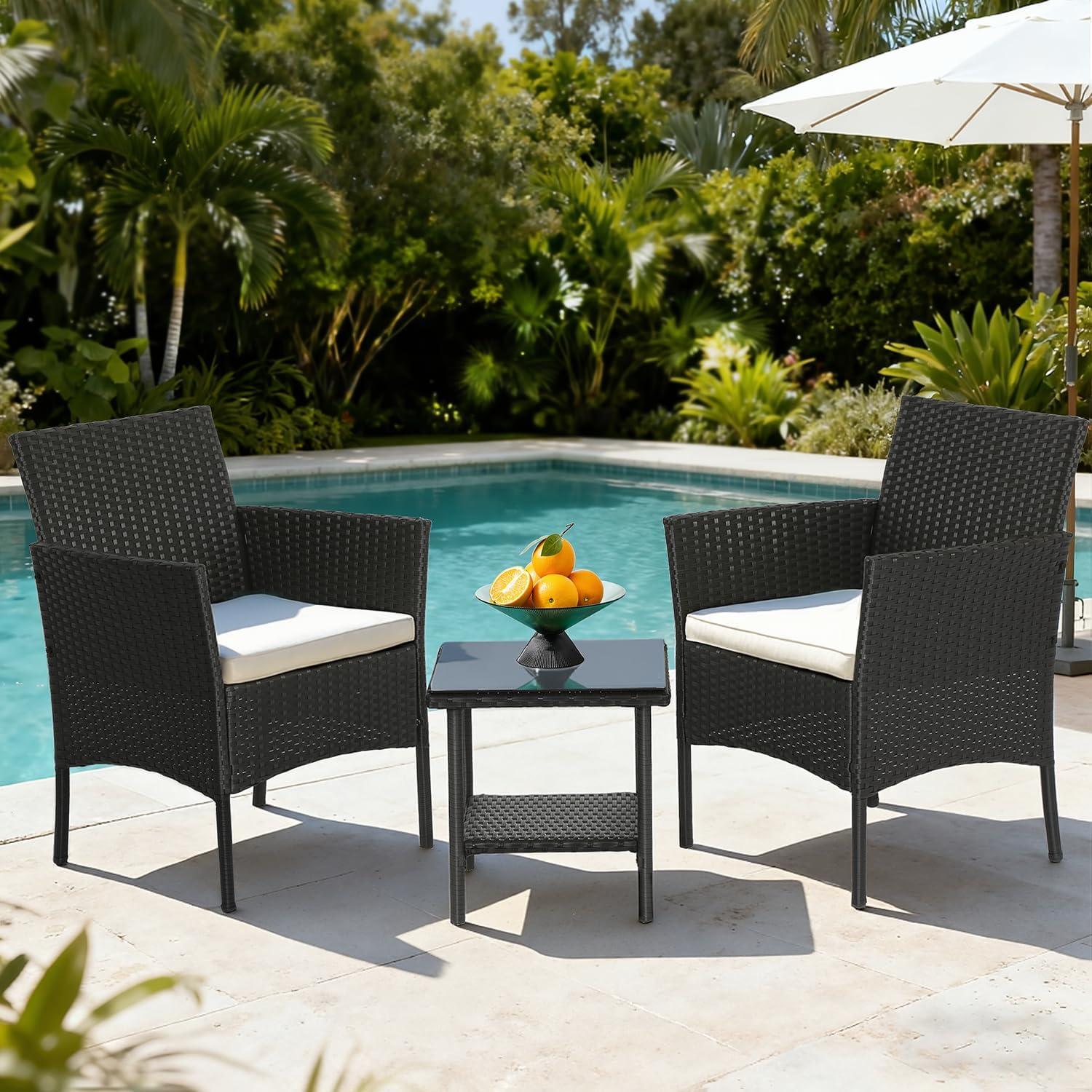 image:imageFDW Wicker Outdoor Furniture Patio Furniture Set of 3 Rattan Patio Chairs Outdoor Chairs Patio Conversation Set with Coffee Table for Yard Backyard Lawn Porch Poolside BalconyBlackBlack and Beige