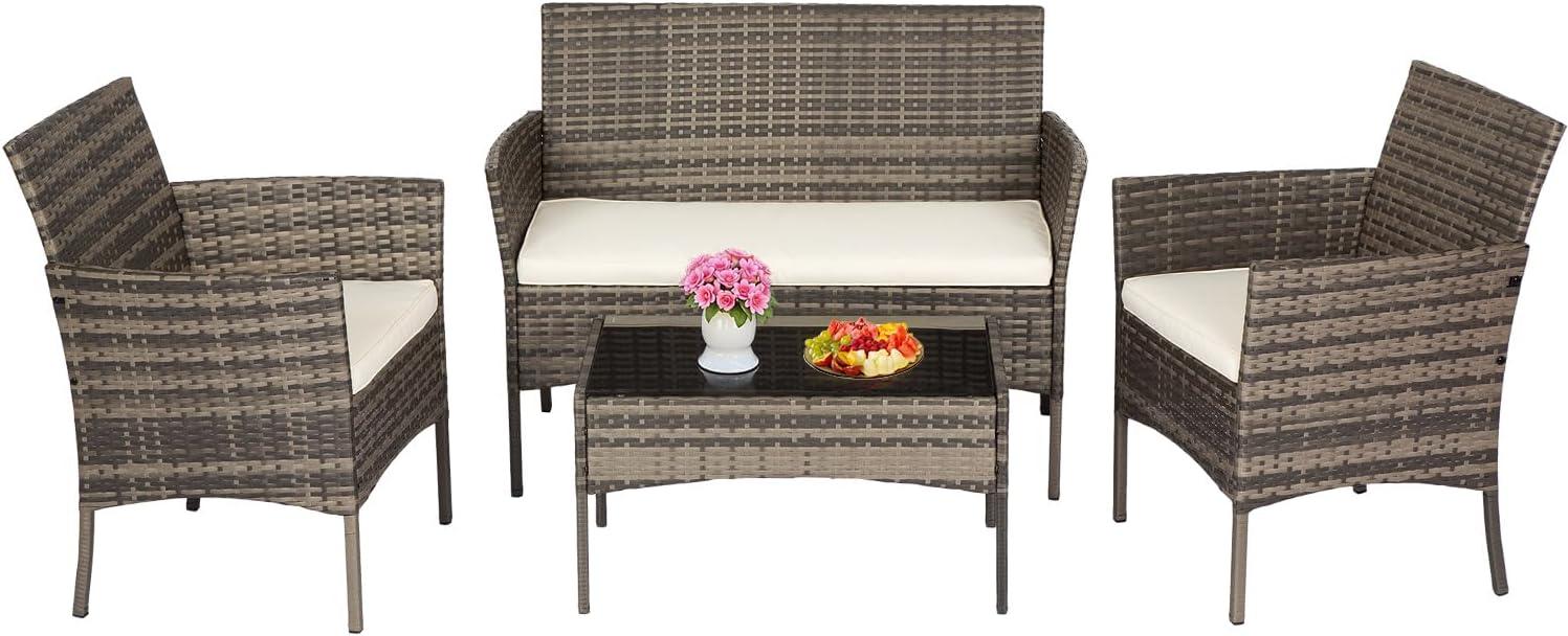 image:imageFDW Wicker Outdoor Furniture Patio Furniture Set of 3 Rattan Patio Chairs Outdoor Chairs Patio Conversation Set with Coffee Table for Yard Backyard Lawn Porch Poolside BalconyBlackGray and Khaki