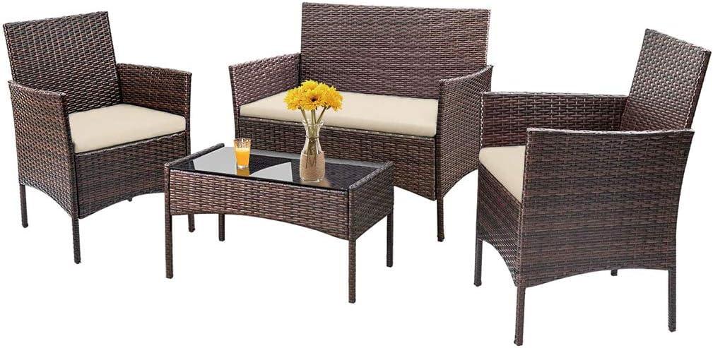 image:imageFDW Wicker Outdoor Furniture Patio Furniture Set of 3 Rattan Patio Chairs Outdoor Chairs Patio Conversation Set with Coffee Table for Yard Backyard Lawn Porch Poolside BalconyBlackBrown and Khaki