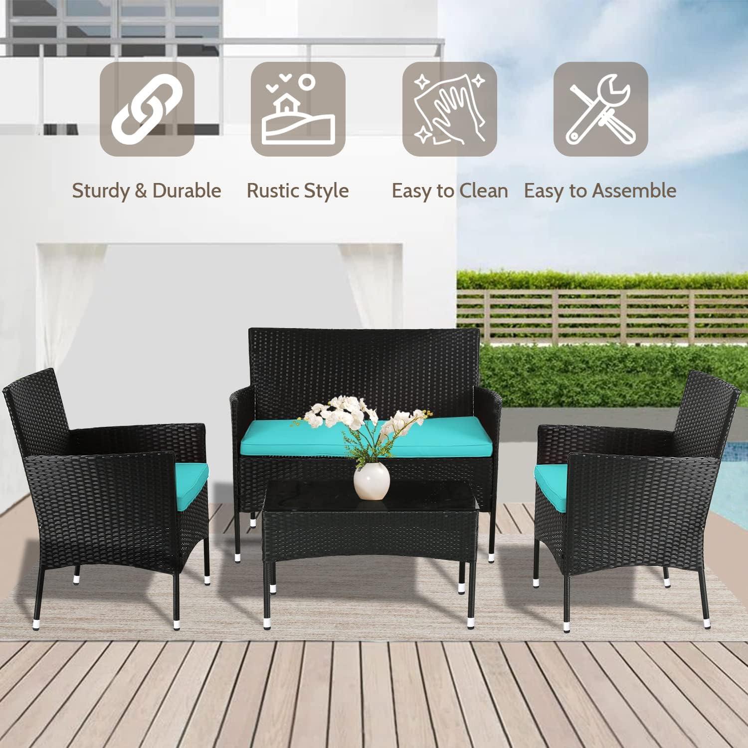 image:imageFDW Wicker Outdoor Furniture Patio Furniture Set of 3 Rattan Patio Chairs Outdoor Chairs Patio Conversation Set with Coffee Table for Yard Backyard Lawn Porch Poolside BalconyBlackBlack and Blue