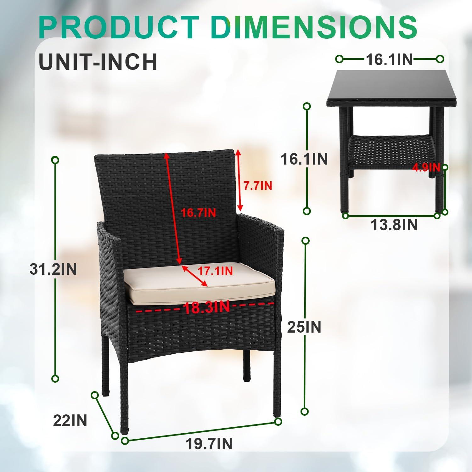 image:imageFDW Wicker Outdoor Furniture Patio Furniture Set of 3 Rattan Patio Chairs Outdoor Chairs Patio Conversation Set with Coffee Table for Yard Backyard Lawn Porch Poolside BalconyBlackBlack and Khaki