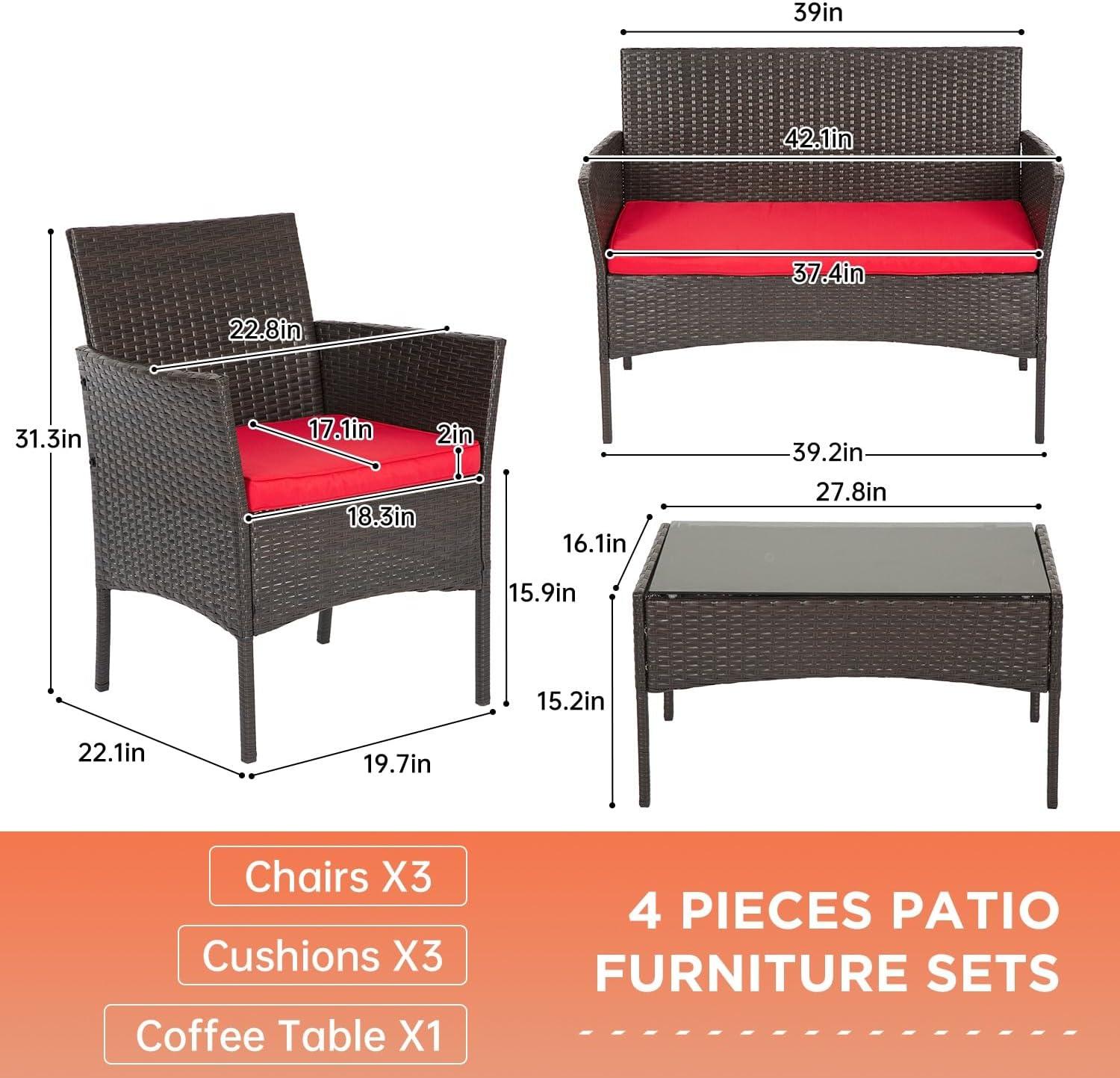 image:imageFDW Wicker Outdoor Furniture Patio Furniture Set of 3 Rattan Patio Chairs Outdoor Chairs Patio Conversation Set with Coffee Table for Yard Backyard Lawn Porch Poolside BalconyBlackBrown and Red