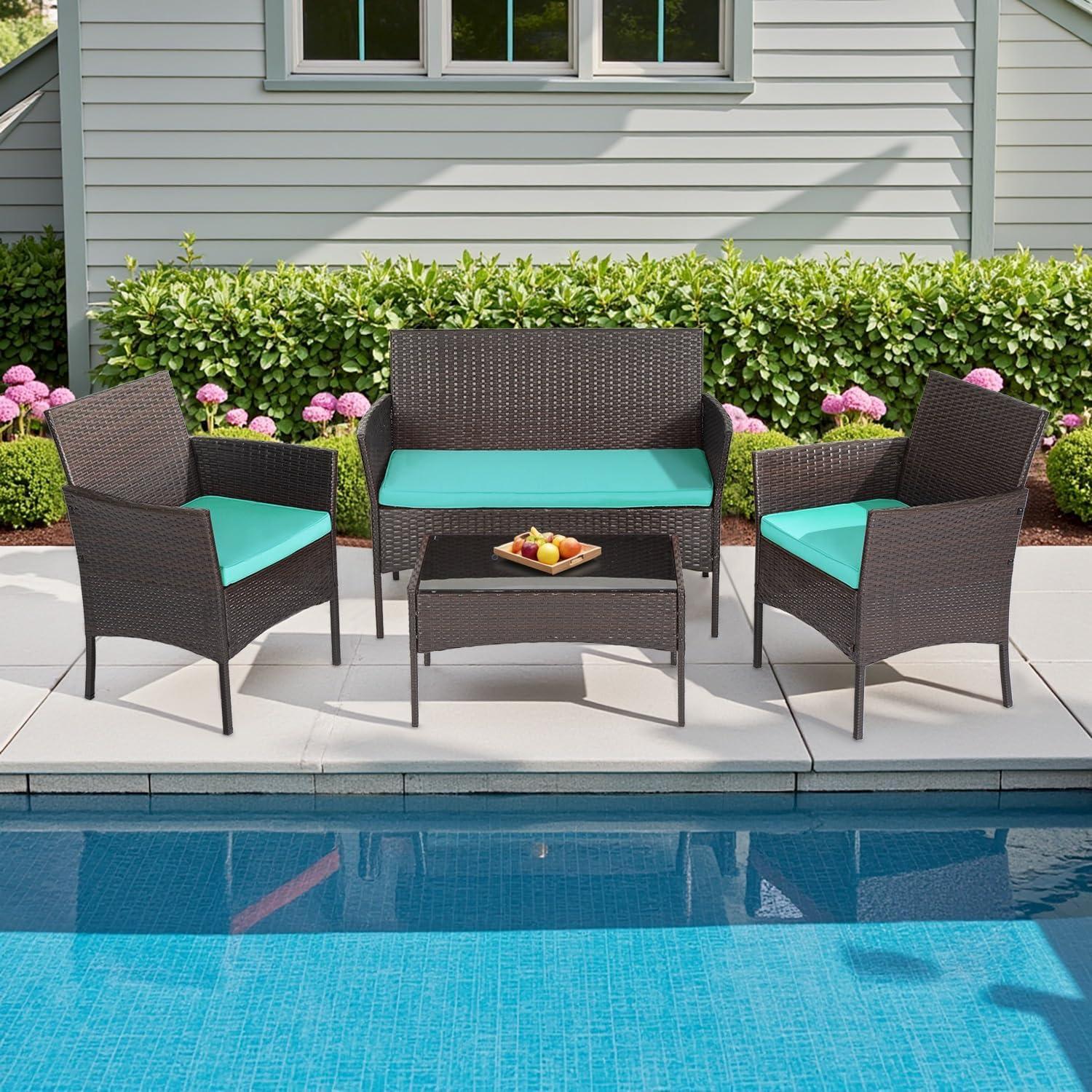 image:imageFDW Wicker Outdoor Furniture Patio Furniture Set of 3 Rattan Patio Chairs Outdoor Chairs Patio Conversation Set with Coffee Table for Yard Backyard Lawn Porch Poolside BalconyBlackBrown and Blue