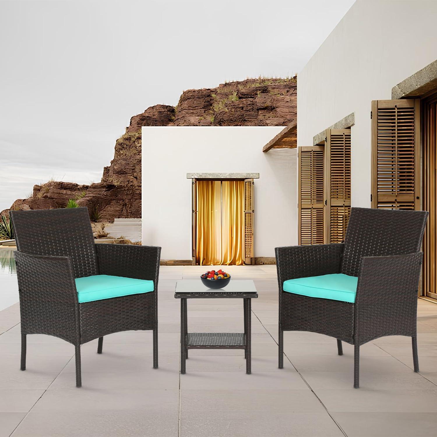 image:imageFDW Wicker Outdoor Furniture Patio Furniture Set of 3 Rattan Patio Chairs Outdoor Chairs Patio Conversation Set with Coffee Table for Yard Backyard Lawn Porch Poolside BalconyBlackBrown and Blue