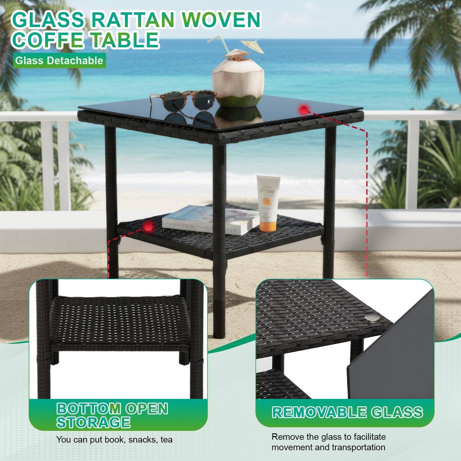 image:imageFDW Wicker Outdoor Furniture Patio Furniture Set of 3 Rattan Patio Chairs Outdoor Chairs Patio Conversation Set with Coffee Table for Yard Backyard Lawn Porch Poolside BalconyBlackBlack and Khaki