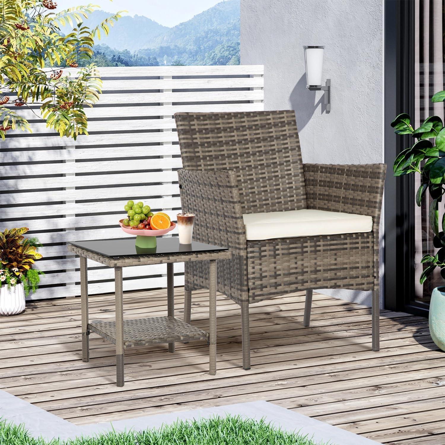image:imageFDW Wicker Outdoor Furniture Patio Furniture Set of 3 Rattan Patio Chairs Outdoor Chairs Patio Conversation Set with Coffee Table for Yard Backyard Lawn Porch Poolside BalconyBlackGray and Khaki