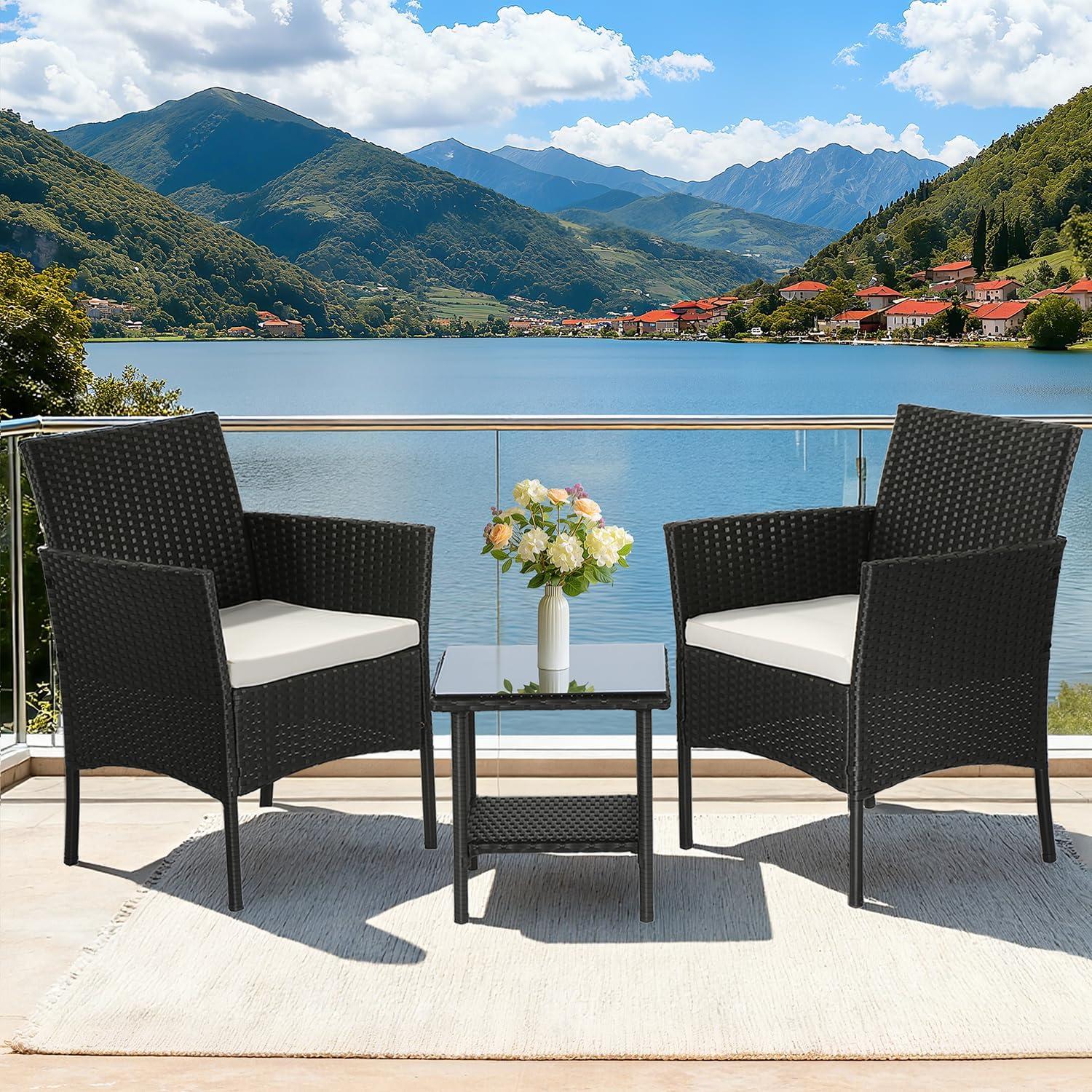image:imageFDW Wicker Outdoor Furniture Patio Furniture Set of 3 Rattan Patio Chairs Outdoor Chairs Patio Conversation Set with Coffee Table for Yard Backyard Lawn Porch Poolside BalconyBlackBlack and Beige