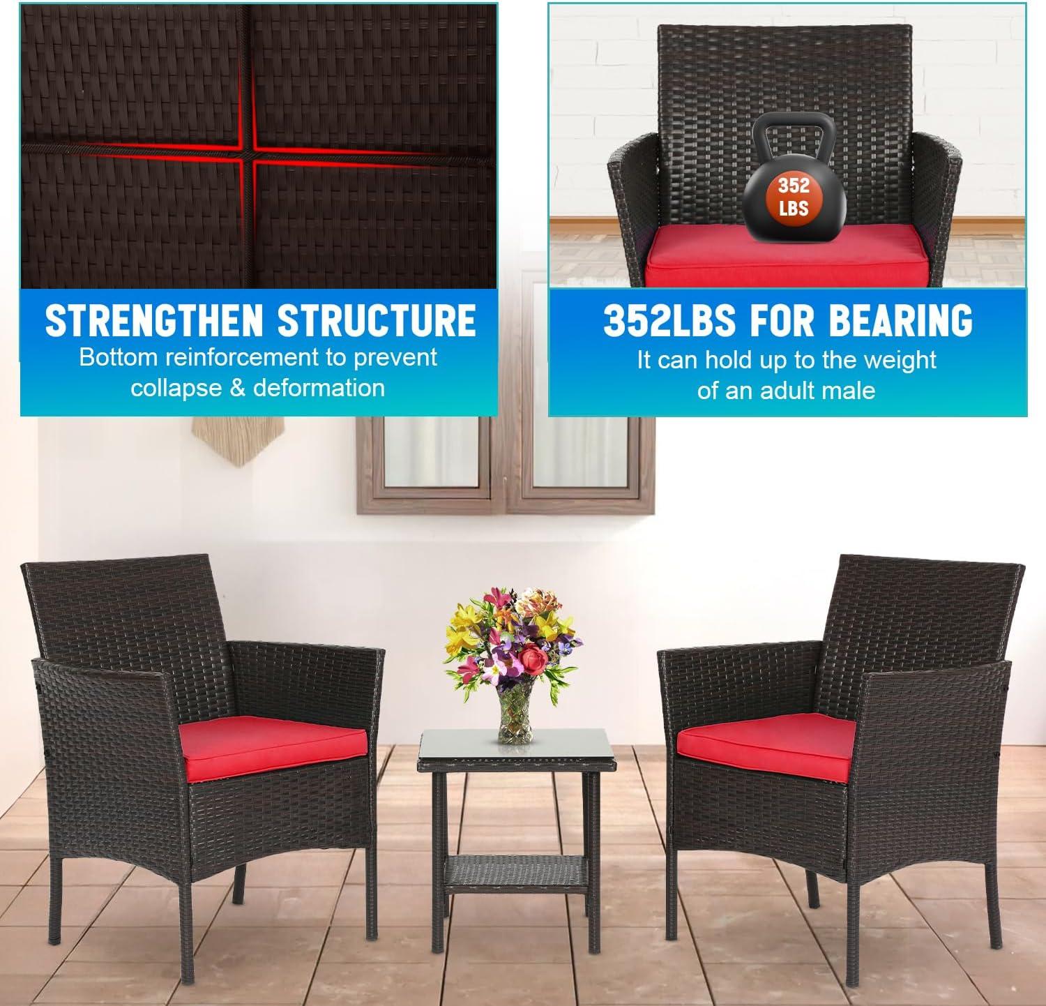 image:imageFDW Wicker Outdoor Furniture Patio Furniture Set of 3 Rattan Patio Chairs Outdoor Chairs Patio Conversation Set with Coffee Table for Yard Backyard Lawn Porch Poolside BalconyBlackBrown and Red