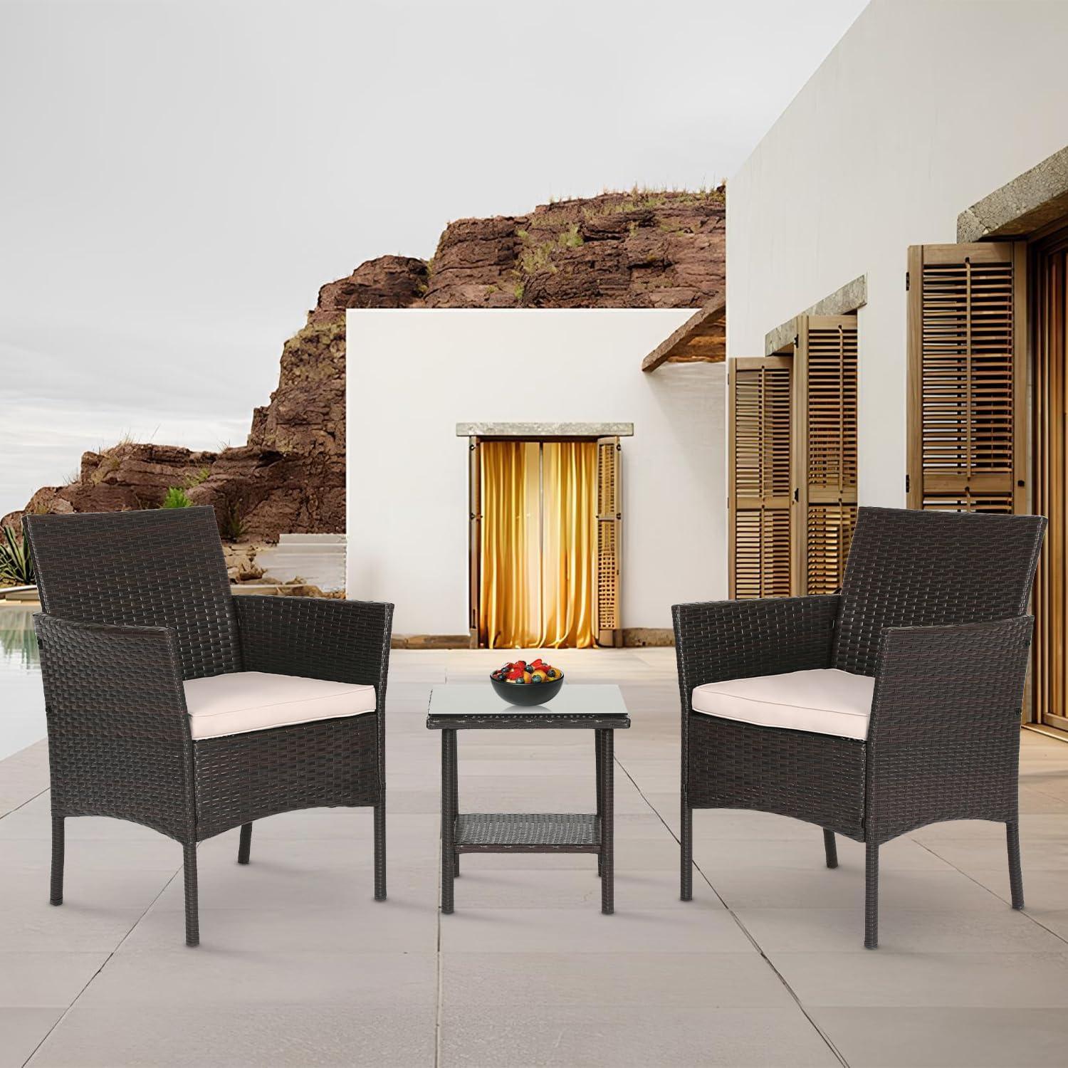 image:imageFDW Wicker Outdoor Furniture Patio Furniture Set of 3 Rattan Patio Chairs Outdoor Chairs Patio Conversation Set with Coffee Table for Yard Backyard Lawn Porch Poolside BalconyBlackBrown and Khaki
