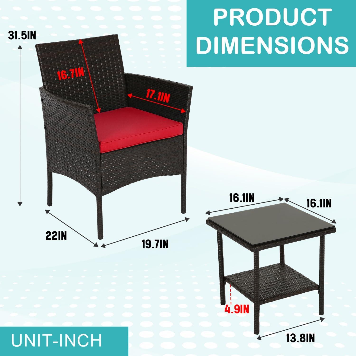 image:imageFDW Wicker Outdoor Furniture Patio Furniture Set of 3 Rattan Patio Chairs Outdoor Chairs Patio Conversation Set with Coffee Table for Yard Backyard Lawn Porch Poolside BalconyBlackBrown and Red