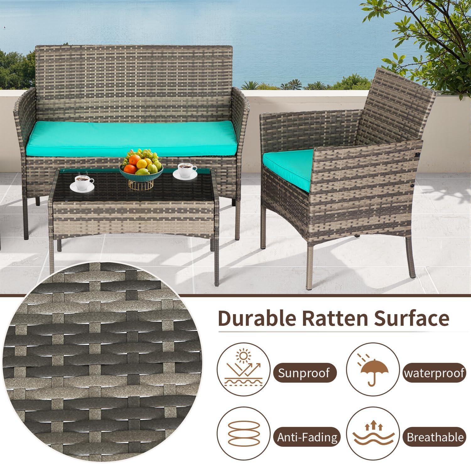 image:imageFDW Wicker Outdoor Furniture Patio Furniture Set of 3 Rattan Patio Chairs Outdoor Chairs Patio Conversation Set with Coffee Table for Yard Backyard Lawn Porch Poolside BalconyBlackGray and Blue