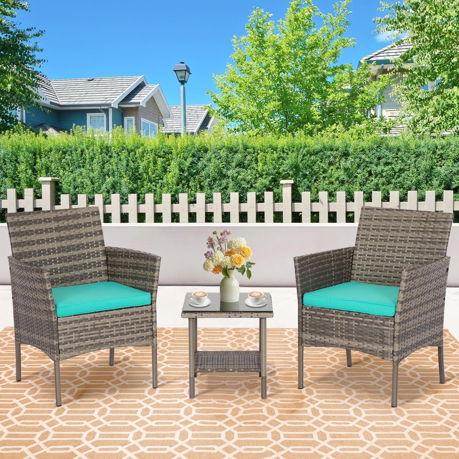 image:imageFDW Wicker Outdoor Furniture Patio Furniture Set of 3 Rattan Patio Chairs Outdoor Chairs Patio Conversation Set with Coffee Table for Yard Backyard Lawn Porch Poolside BalconyBlackGray and Blue