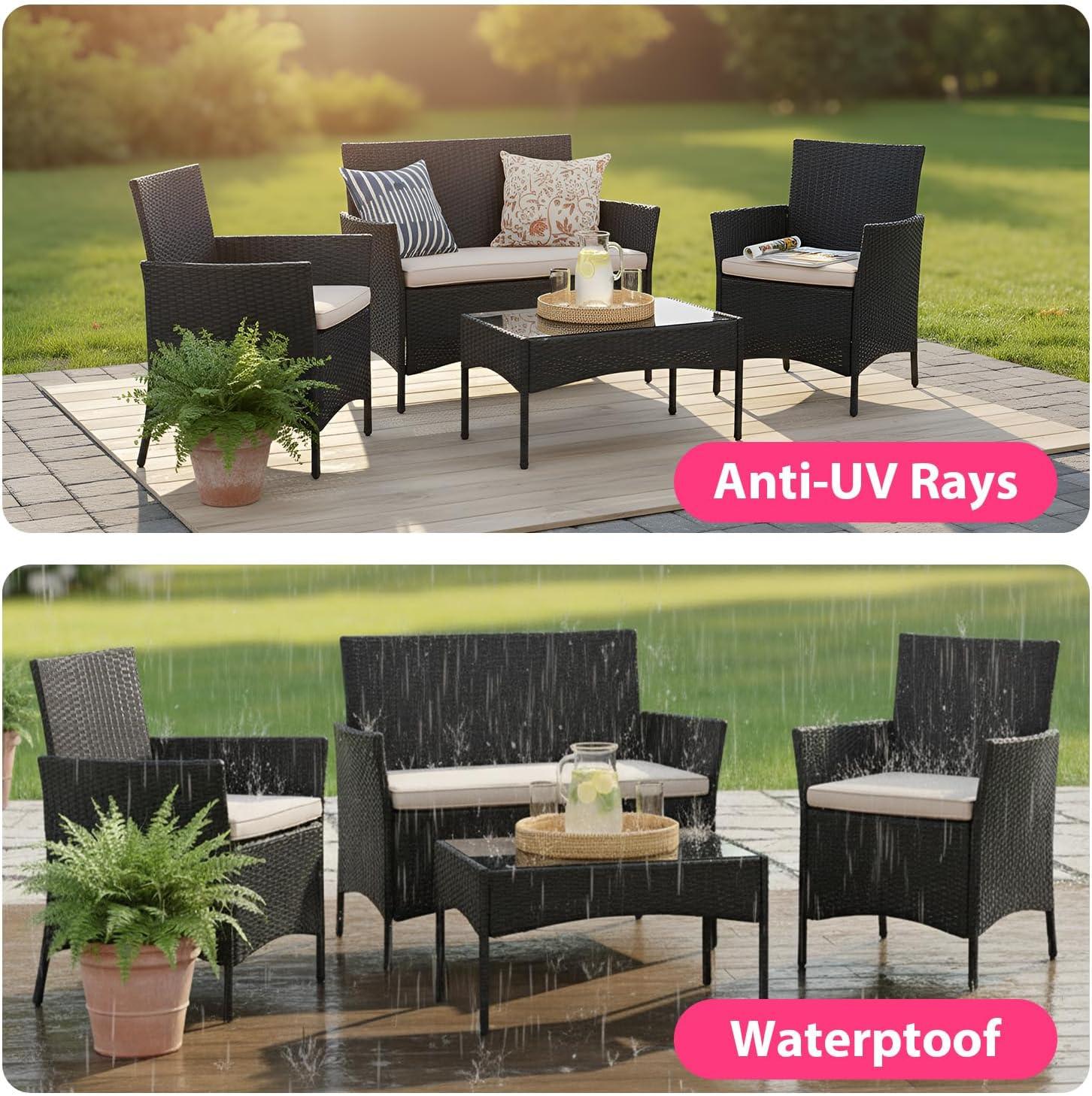 image:imageFDW Wicker Outdoor Furniture Patio Furniture Set of 3 Rattan Patio Chairs Outdoor Chairs Patio Conversation Set with Coffee Table for Yard Backyard Lawn Porch Poolside BalconyBlackBlack and Beige