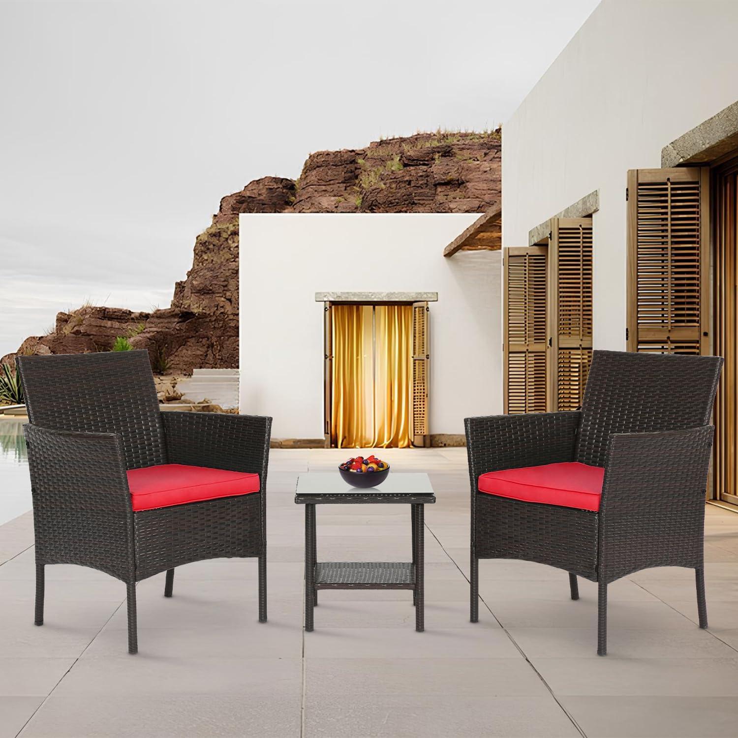 image:imageFDW Wicker Outdoor Furniture Patio Furniture Set of 3 Rattan Patio Chairs Outdoor Chairs Patio Conversation Set with Coffee Table for Yard Backyard Lawn Porch Poolside BalconyBlackBrown and Red