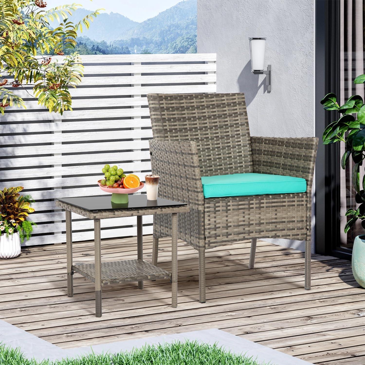 image:imageFDW Wicker Outdoor Furniture Patio Furniture Set of 3 Rattan Patio Chairs Outdoor Chairs Patio Conversation Set with Coffee Table for Yard Backyard Lawn Porch Poolside BalconyBlackGray and Blue
