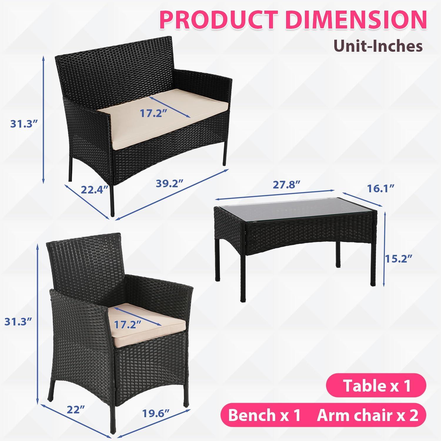 image:imageFDW Wicker Outdoor Furniture Patio Furniture Set of 3 Rattan Patio Chairs Outdoor Chairs Patio Conversation Set with Coffee Table for Yard Backyard Lawn Porch Poolside BalconyBlackBlack and Beige