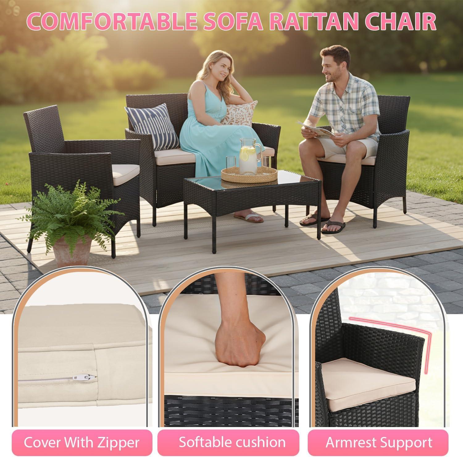 image:imageFDW Wicker Outdoor Furniture Patio Furniture Set of 3 Rattan Patio Chairs Outdoor Chairs Patio Conversation Set with Coffee Table for Yard Backyard Lawn Porch Poolside BalconyBlackBlack and Beige
