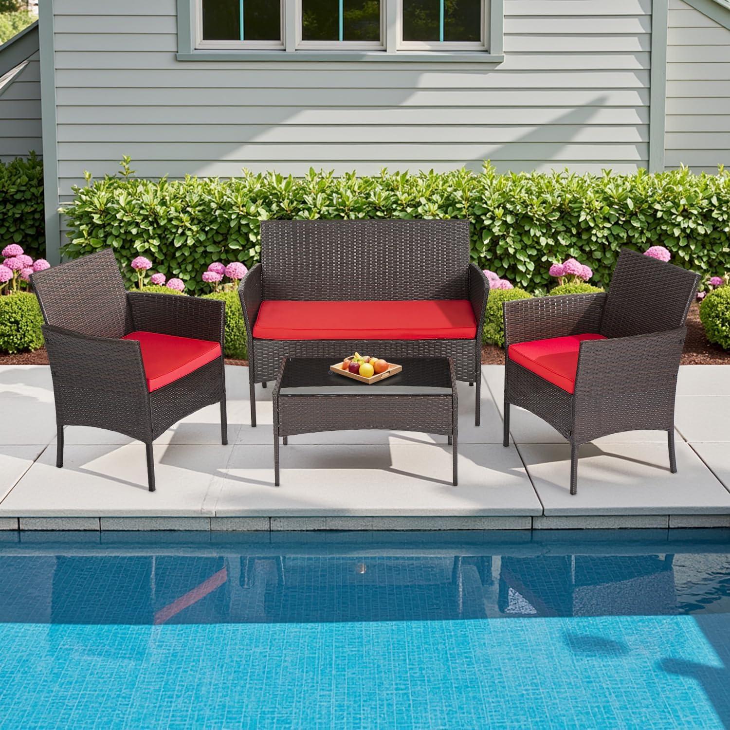 image:imageFDW Wicker Outdoor Furniture Patio Furniture Set of 3 Rattan Patio Chairs Outdoor Chairs Patio Conversation Set with Coffee Table for Yard Backyard Lawn Porch Poolside BalconyBlackBrown and Red