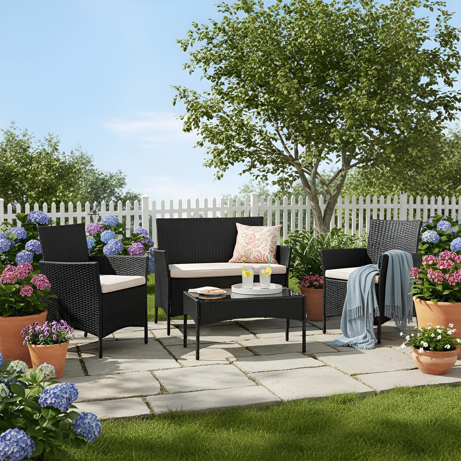 image:imageFDW Wicker Outdoor Furniture Patio Furniture Set of 3 Rattan Patio Chairs Outdoor Chairs Patio Conversation Set with Coffee Table for Yard Backyard Lawn Porch Poolside BalconyBlackBlack and Beige