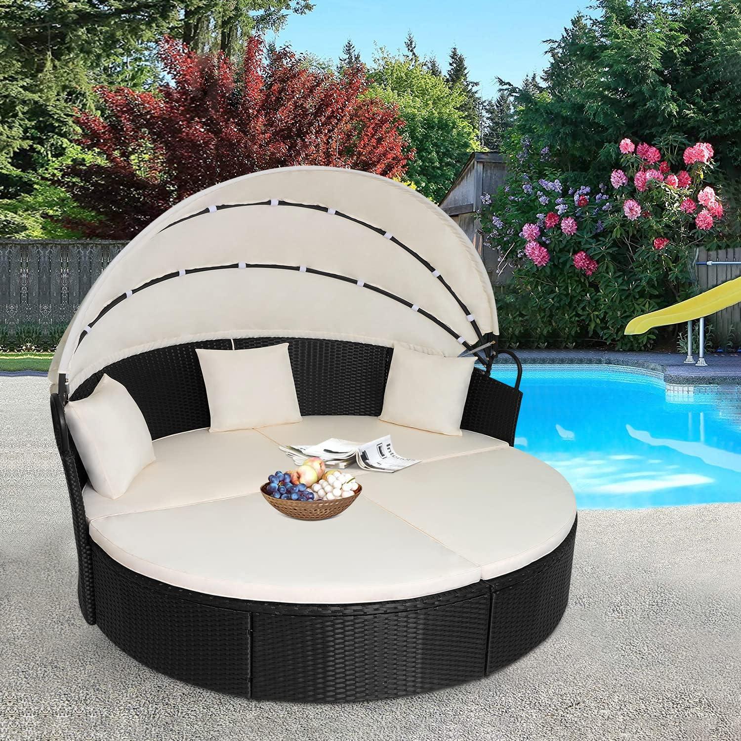 image:imageOutdoor Round Daybed Wicker Outdoor Furniture Patio Furniture with Retractable Canopy Rattan Separated Seating Sectional Sofa Blue Washable Cushioned and Three Pillow for Patio Backyard Porch PoolKhaki