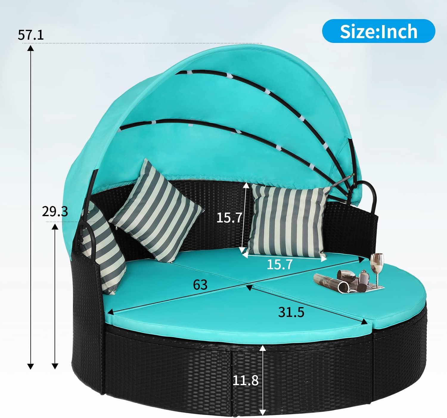 image:imageOutdoor Round Daybed Wicker Outdoor Furniture Patio Furniture with Retractable Canopy Rattan Separated Seating Sectional Sofa Blue Washable Cushioned and Three Pillow for Patio Backyard Porch PoolBlue