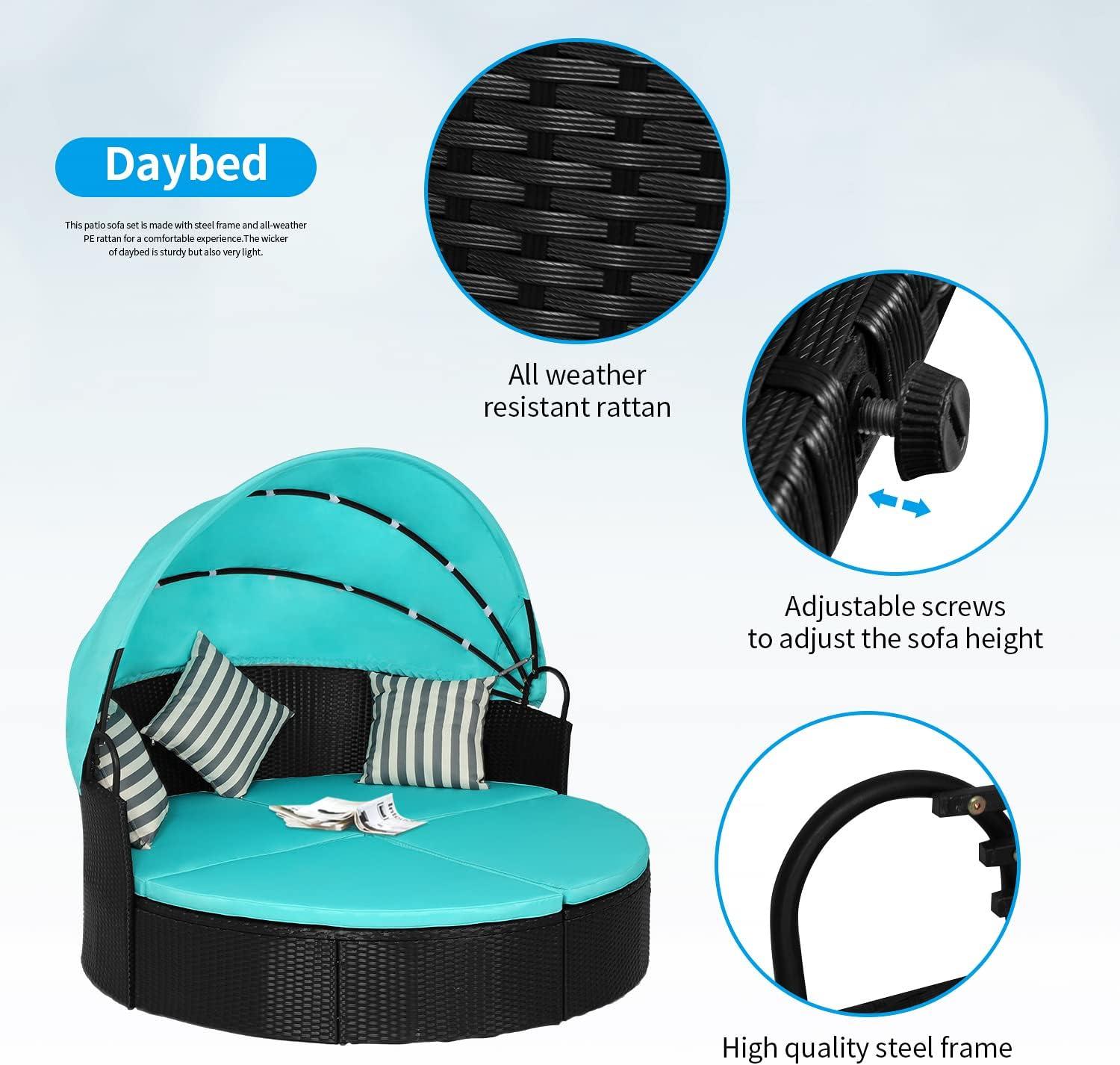 image:imageOutdoor Round Daybed Wicker Outdoor Furniture Patio Furniture with Retractable Canopy Rattan Separated Seating Sectional Sofa Blue Washable Cushioned and Three Pillow for Patio Backyard Porch PoolBlue
