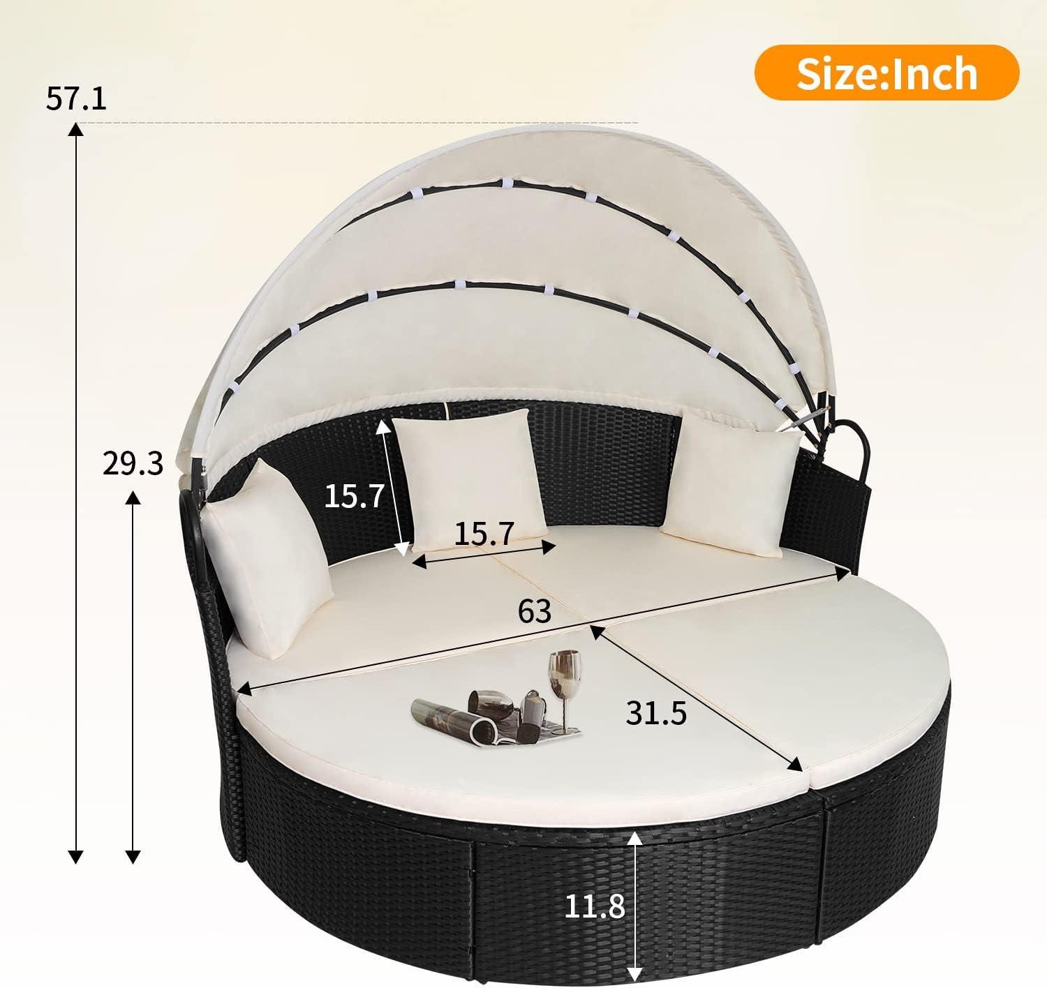 image:imageOutdoor Round Daybed Wicker Outdoor Furniture Patio Furniture with Retractable Canopy Rattan Separated Seating Sectional Sofa Blue Washable Cushioned and Three Pillow for Patio Backyard Porch PoolKhaki