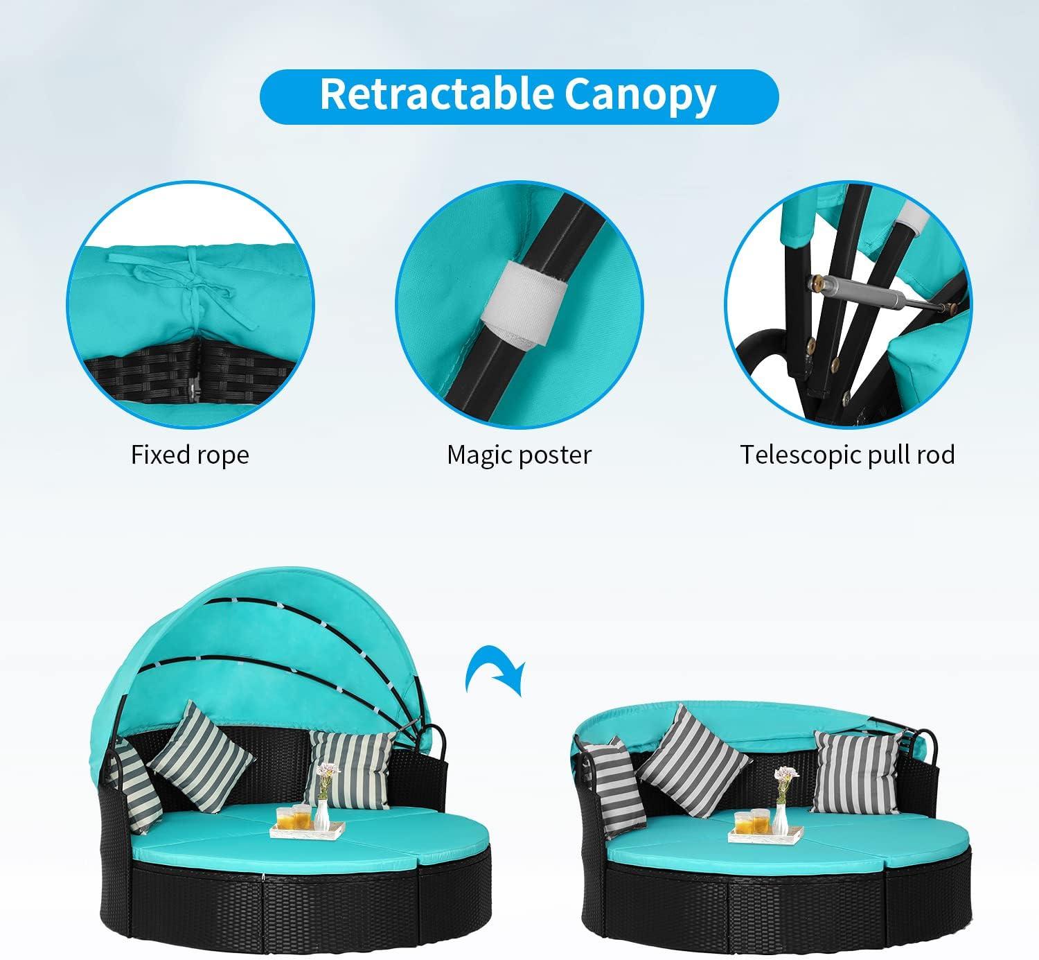 image:imageOutdoor Round Daybed Wicker Outdoor Furniture Patio Furniture with Retractable Canopy Rattan Separated Seating Sectional Sofa Blue Washable Cushioned and Three Pillow for Patio Backyard Porch PoolBlue