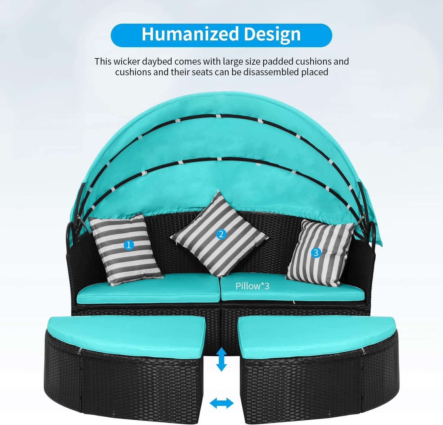 image:imageOutdoor Round Daybed Wicker Outdoor Furniture Patio Furniture with Retractable Canopy Rattan Separated Seating Sectional Sofa Blue Washable Cushioned and Three Pillow for Patio Backyard Porch PoolBlue