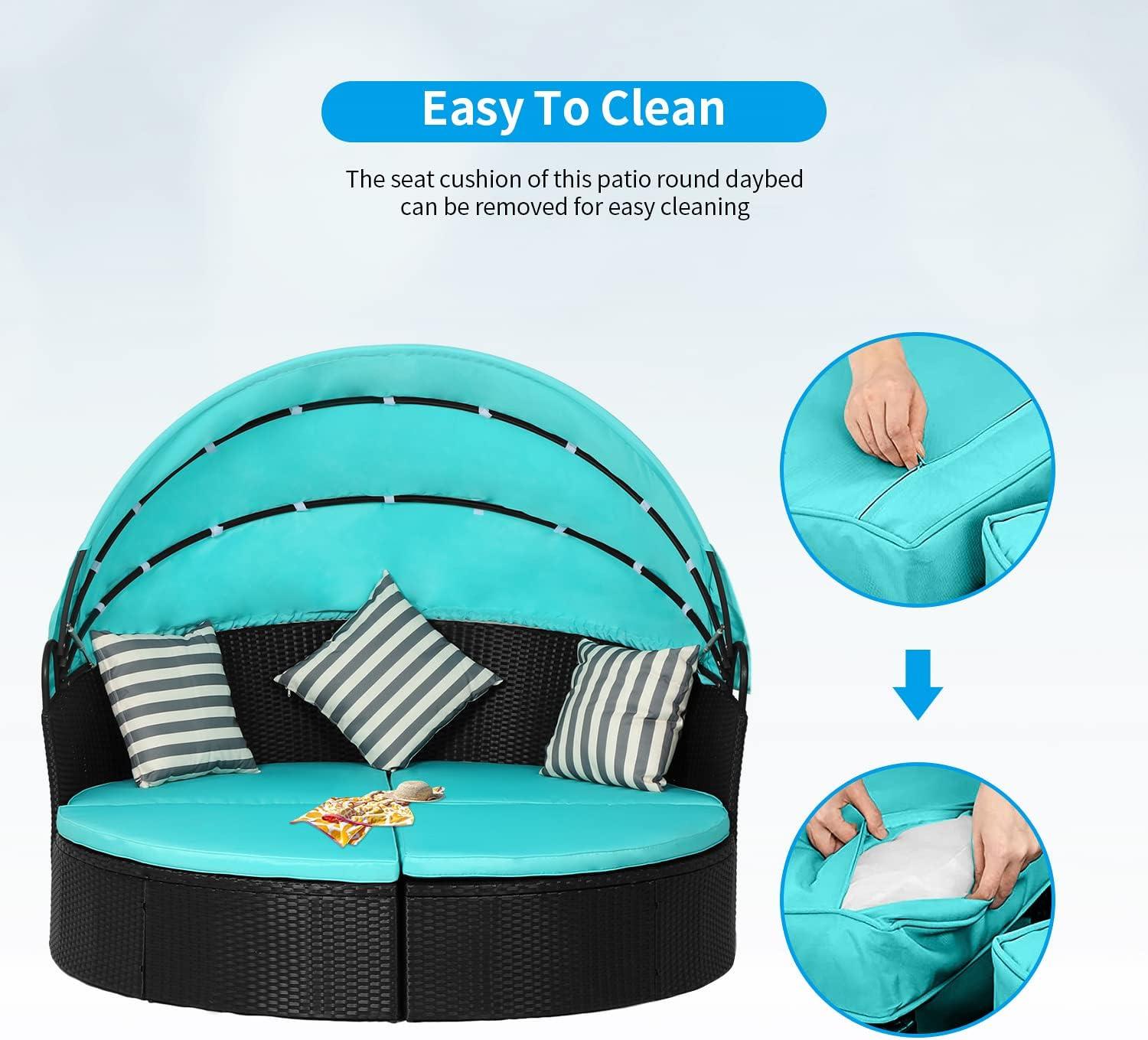 image:imageOutdoor Round Daybed Wicker Outdoor Furniture Patio Furniture with Retractable Canopy Rattan Separated Seating Sectional Sofa Blue Washable Cushioned and Three Pillow for Patio Backyard Porch PoolBlue