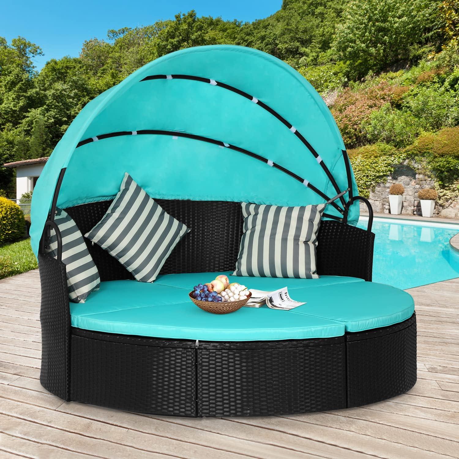 image:imageOutdoor Round Daybed Wicker Outdoor Furniture Patio Furniture with Retractable Canopy Rattan Separated Seating Sectional Sofa Blue Washable Cushioned and Three Pillow for Patio Backyard Porch PoolBlue