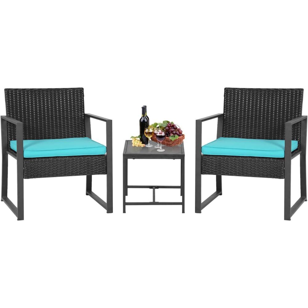 image:imageFDW  4Piece Patio Furniture Set  Black  Outdoor Wicker Furniture with Coffee Table  Modern Rattan Chairs Conversation Set  Outdoor Seating  WeatherResistant  for Porch Garden LawnBlue