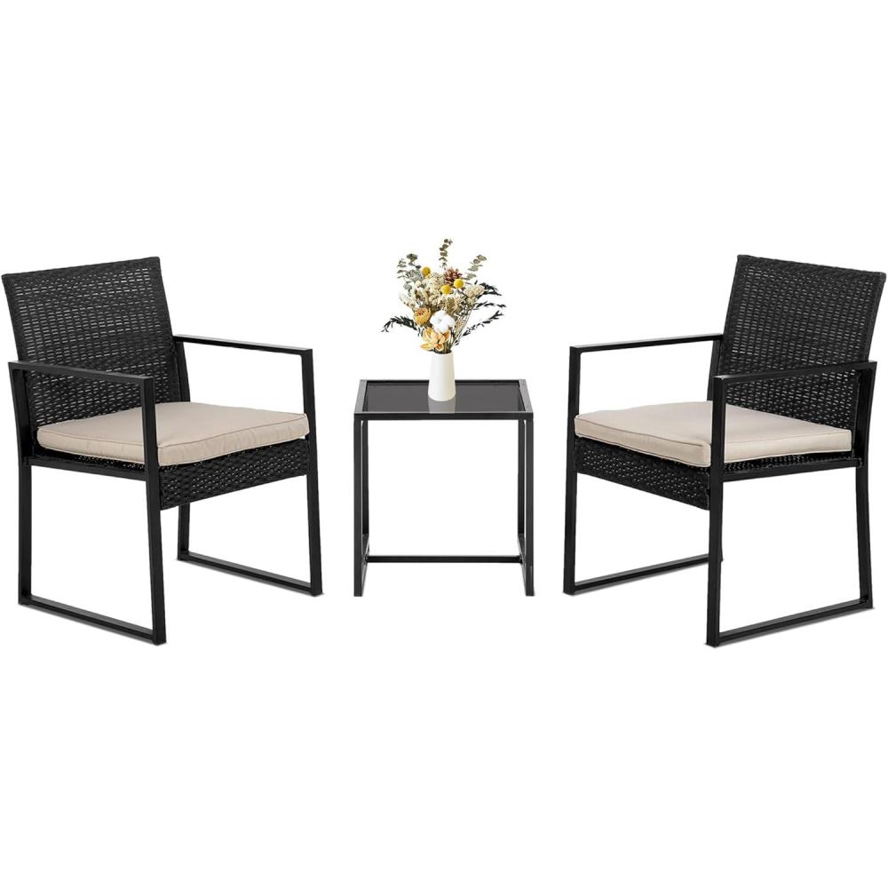 image:imageFDW 4Piece Patio Furniture Set Black Outdoor Wicker Furniture with Coffee Table Modern Rattan Chairs Conversation Set Outdoor Seating WeatherResistant for Porch Garden LawnKhaki