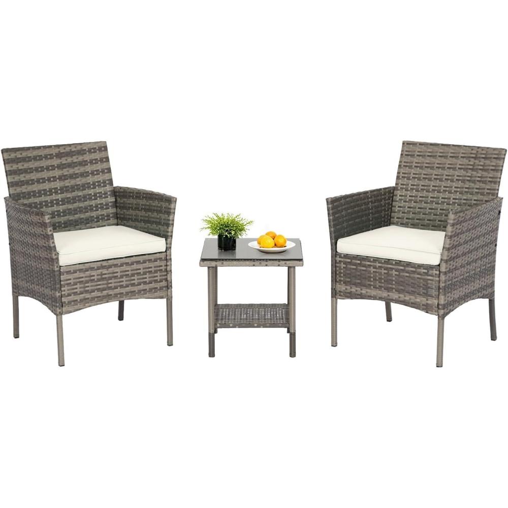 image:imageFDW 4Piece Patio Furniture Set Black Outdoor Wicker Furniture with Coffee Table Modern Rattan Chairs Conversation Set Outdoor Seating WeatherResistant for Porch Garden LawnGray and Khaki
