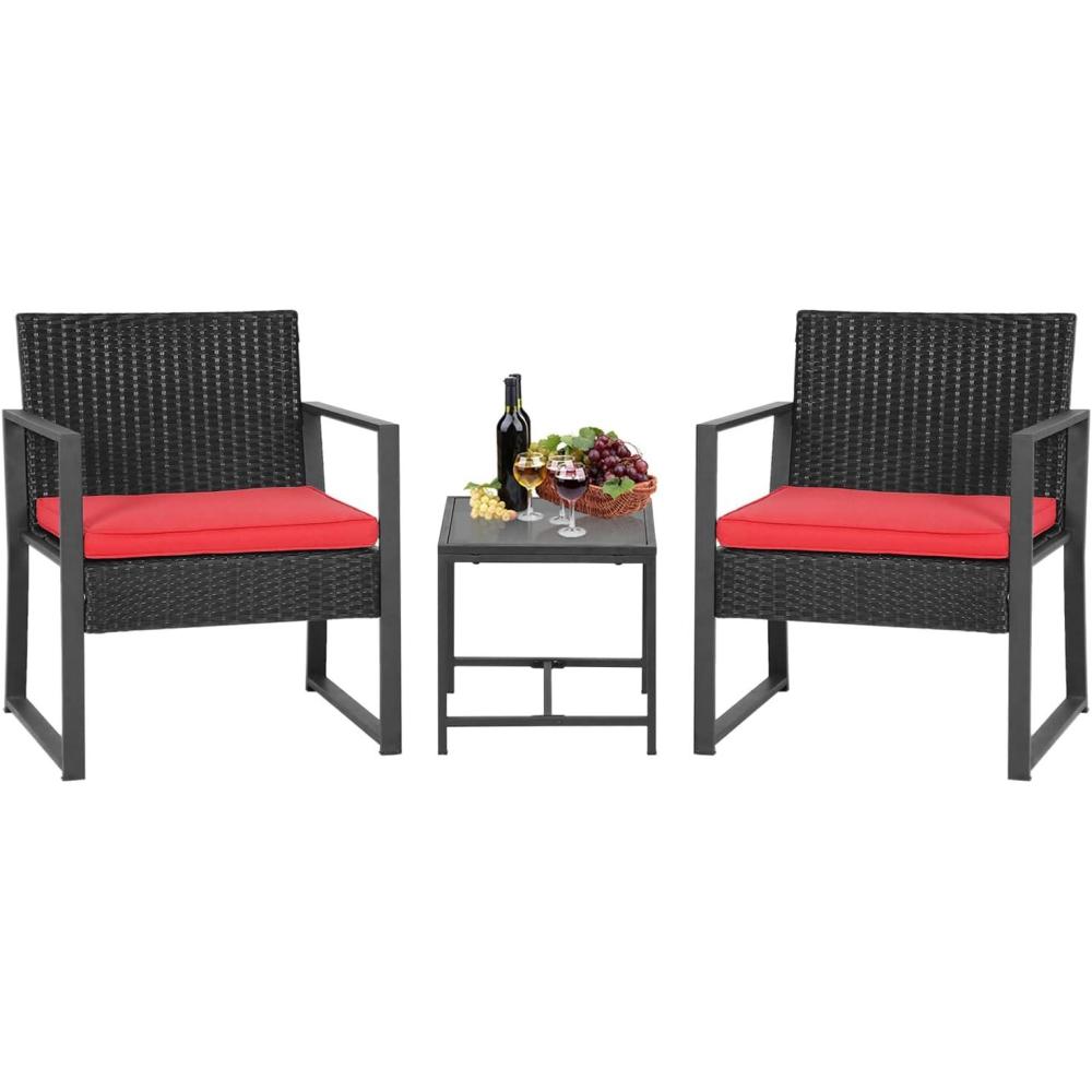 image:imageFDW 4Piece Patio Furniture Set Black Outdoor Wicker Furniture with Coffee Table Modern Rattan Chairs Conversation Set Outdoor Seating WeatherResistant for Porch Garden LawnRed