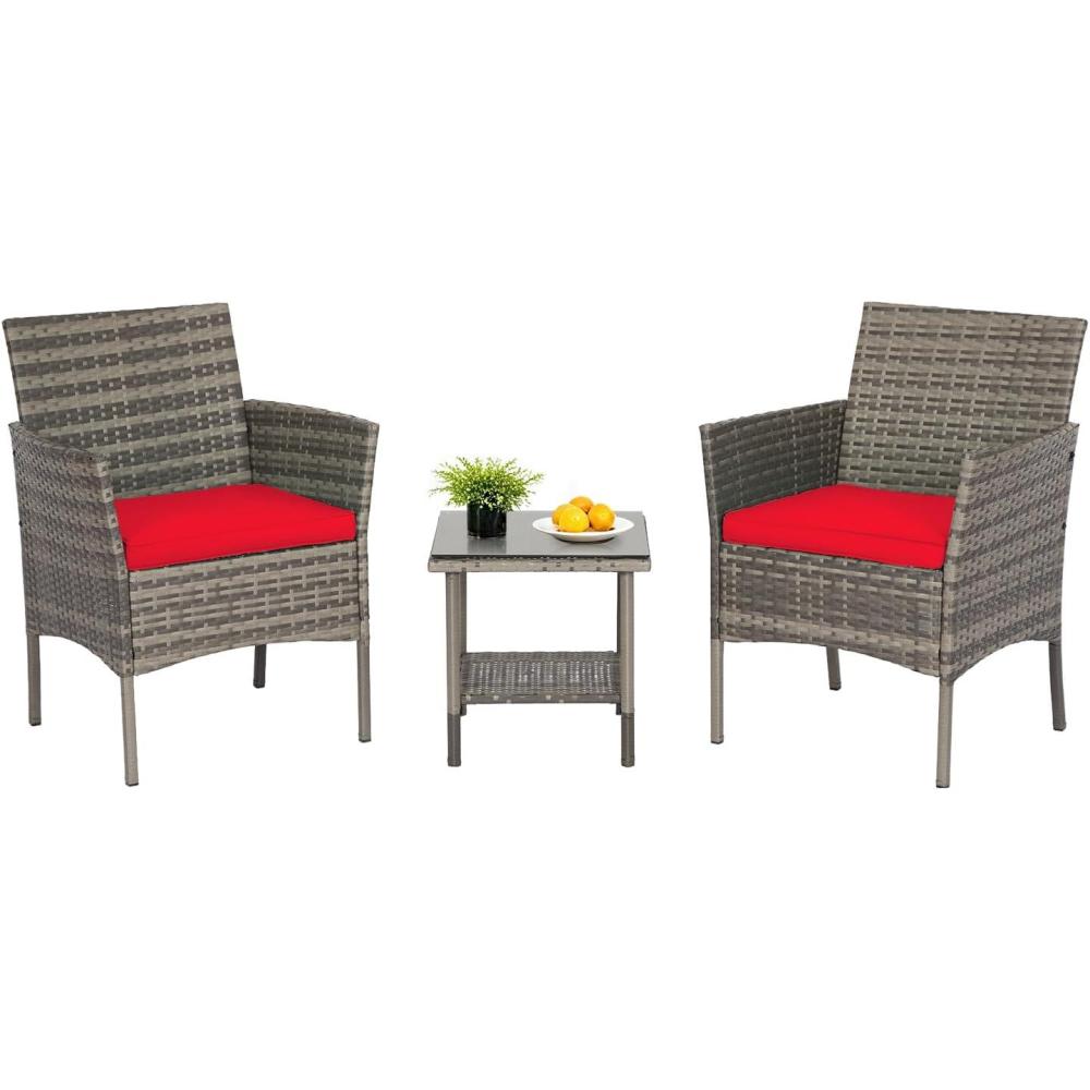 image:imageFDW 4Piece Patio Furniture Set Black Outdoor Wicker Furniture with Coffee Table Modern Rattan Chairs Conversation Set Outdoor Seating WeatherResistant for Porch Garden LawnGray and Red