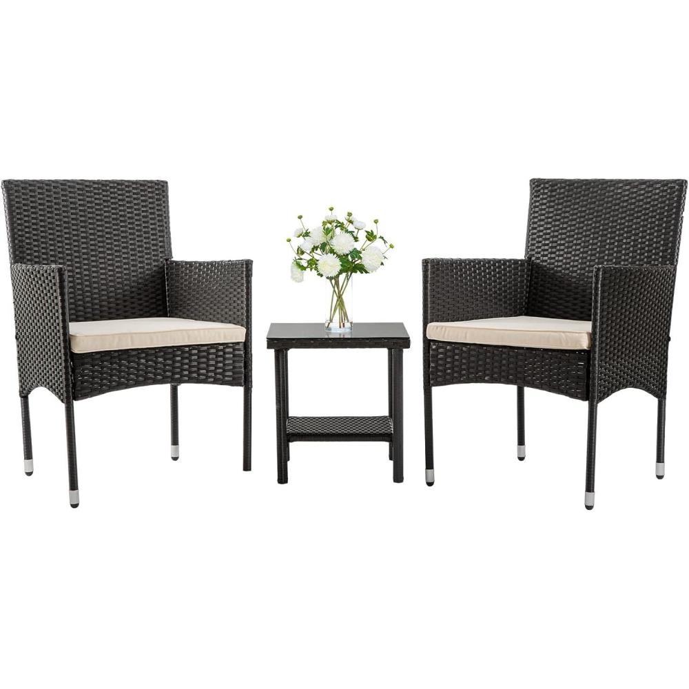 image:imageFDW  4Piece Patio Furniture Set  Black  Outdoor Wicker Furniture with Coffee Table  Modern Rattan Chairs Conversation Set  Outdoor Seating  WeatherResistant  for Porch Garden LawnBlack