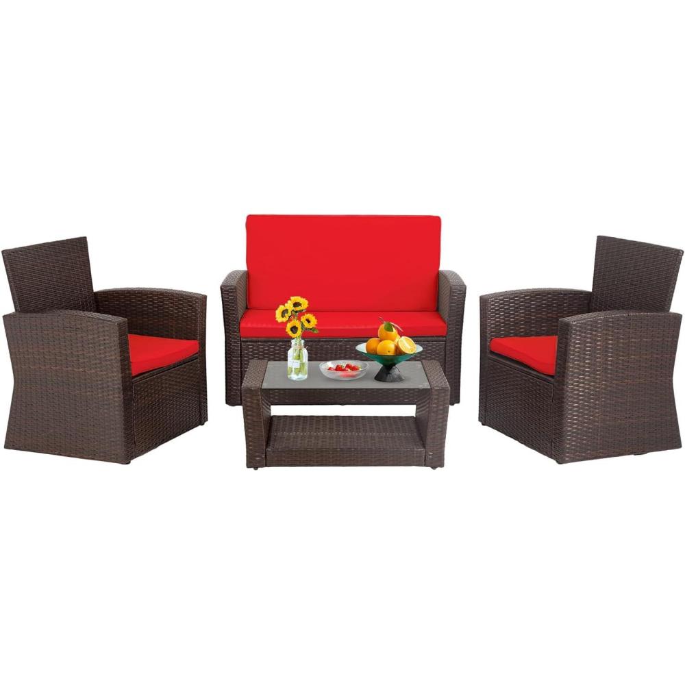 image:imageFDW 4 Piece Patio Furniture Sets Wicker Conversation Set 4 AllWeather Outdoor Sectional Patio Sofa for Porch Deck with Blue Cushion Brown Rattan Sofa ChairBrown and Red
