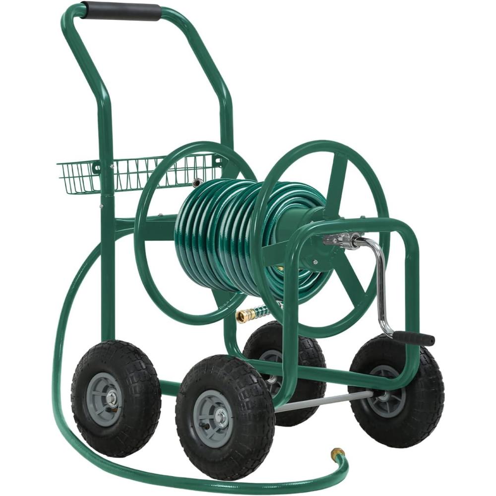 image:imageFDW Garden Hose Reel Cart Water Hose Cart with 4 Wheels Hold Up to 300 ft of 58 HoseHeavy Duty PowderCoated Steel Planting with Storage Basket for Garden Yard and LawnGreen1