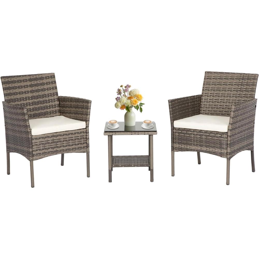 image:imageFDW Wicker Outdoor Furniture Patio Furniture Set of 3 Rattan Patio Chairs Outdoor Chairs Patio Conversation Set with Coffee Table for Yard Backyard Lawn Porch Poolside BalconyBlackGray and Khaki