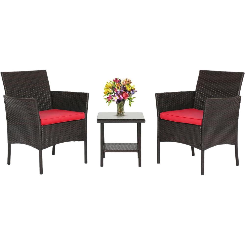 image:imageFDW Wicker Outdoor Furniture Patio Furniture Set of 3 Rattan Patio Chairs Outdoor Chairs Patio Conversation Set with Coffee Table for Yard Backyard Lawn Porch Poolside BalconyBlackBrown and Red