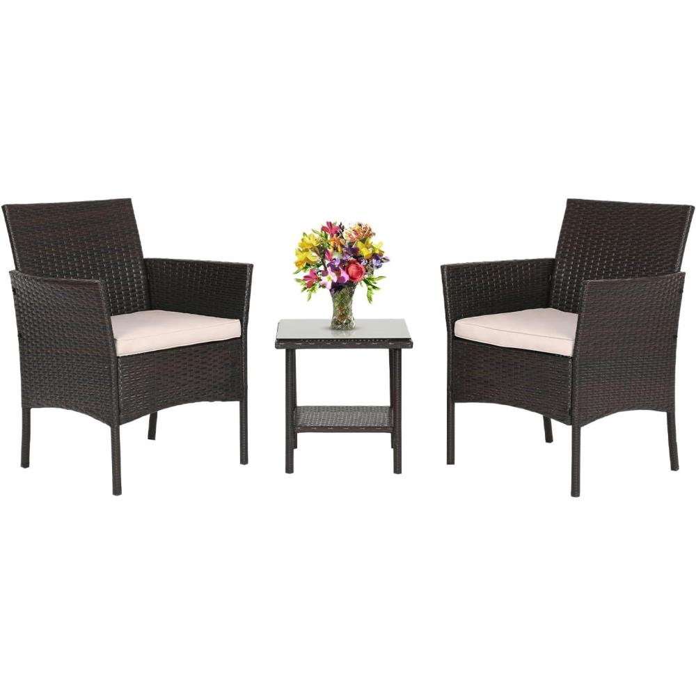 image:imageFDW Wicker Outdoor Furniture Patio Furniture Set of 3 Rattan Patio Chairs Outdoor Chairs Patio Conversation Set with Coffee Table for Yard Backyard Lawn Porch Poolside BalconyBlackBrown and Khaki