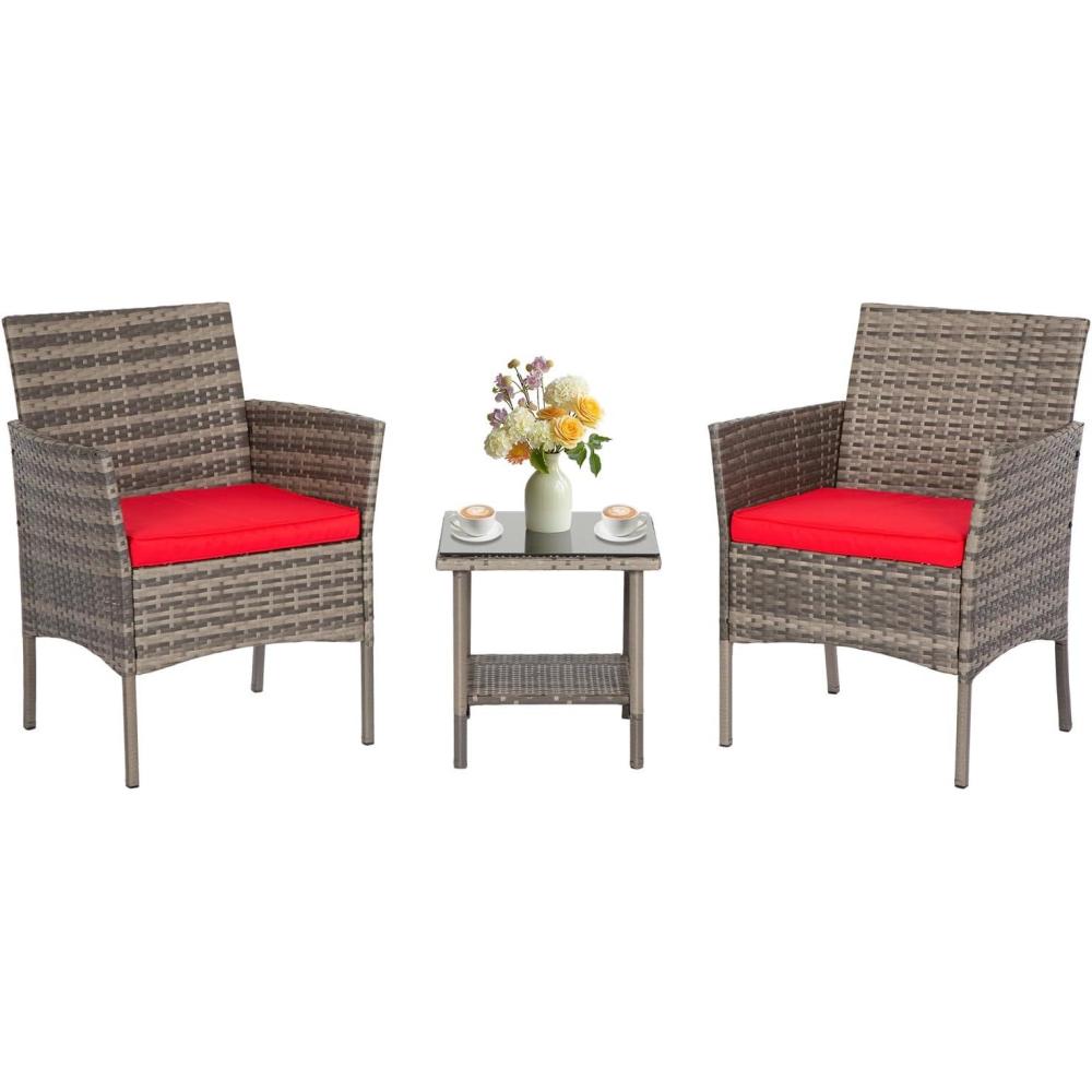 image:imageFDW Wicker Outdoor Furniture Patio Furniture Set of 3 Rattan Patio Chairs Outdoor Chairs Patio Conversation Set with Coffee Table for Yard Backyard Lawn Porch Poolside BalconyBlackGray and Red
