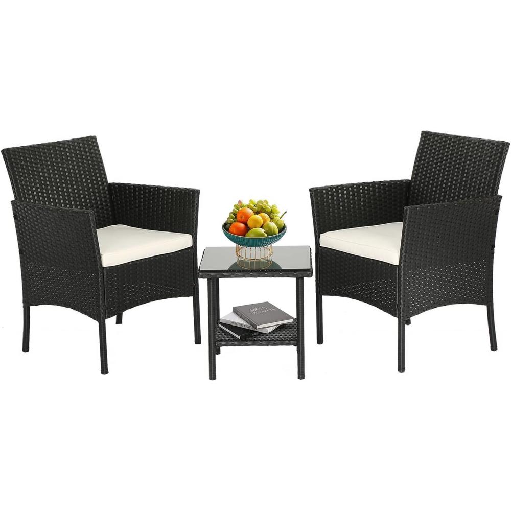 image:imageFDW Wicker Outdoor Furniture Patio Furniture Set of 3 Rattan Patio Chairs Outdoor Chairs Patio Conversation Set with Coffee Table for Yard Backyard Lawn Porch Poolside BalconyBlackBlack and Beige