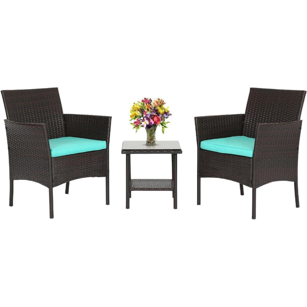 image:imageFDW Wicker Outdoor Furniture Patio Furniture Set of 3 Rattan Patio Chairs Outdoor Chairs Patio Conversation Set with Coffee Table for Yard Backyard Lawn Porch Poolside BalconyBlackBrown and Blue