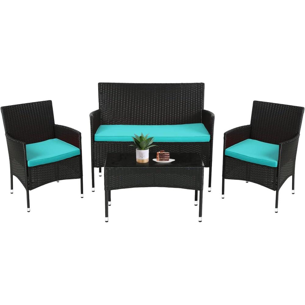 image:imageFDW Wicker Outdoor Furniture Patio Furniture Set of 3 Rattan Patio Chairs Outdoor Chairs Patio Conversation Set with Coffee Table for Yard Backyard Lawn Porch Poolside BalconyBlackBlack and Blue